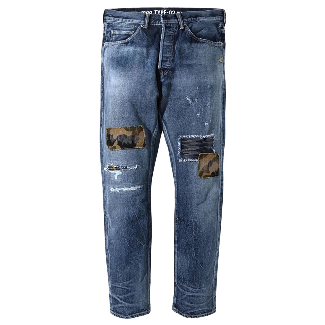 A Bathing Ape Men 1999 Type-02 1st Camo Patch Damaged Denim Pants (blue / indigo)