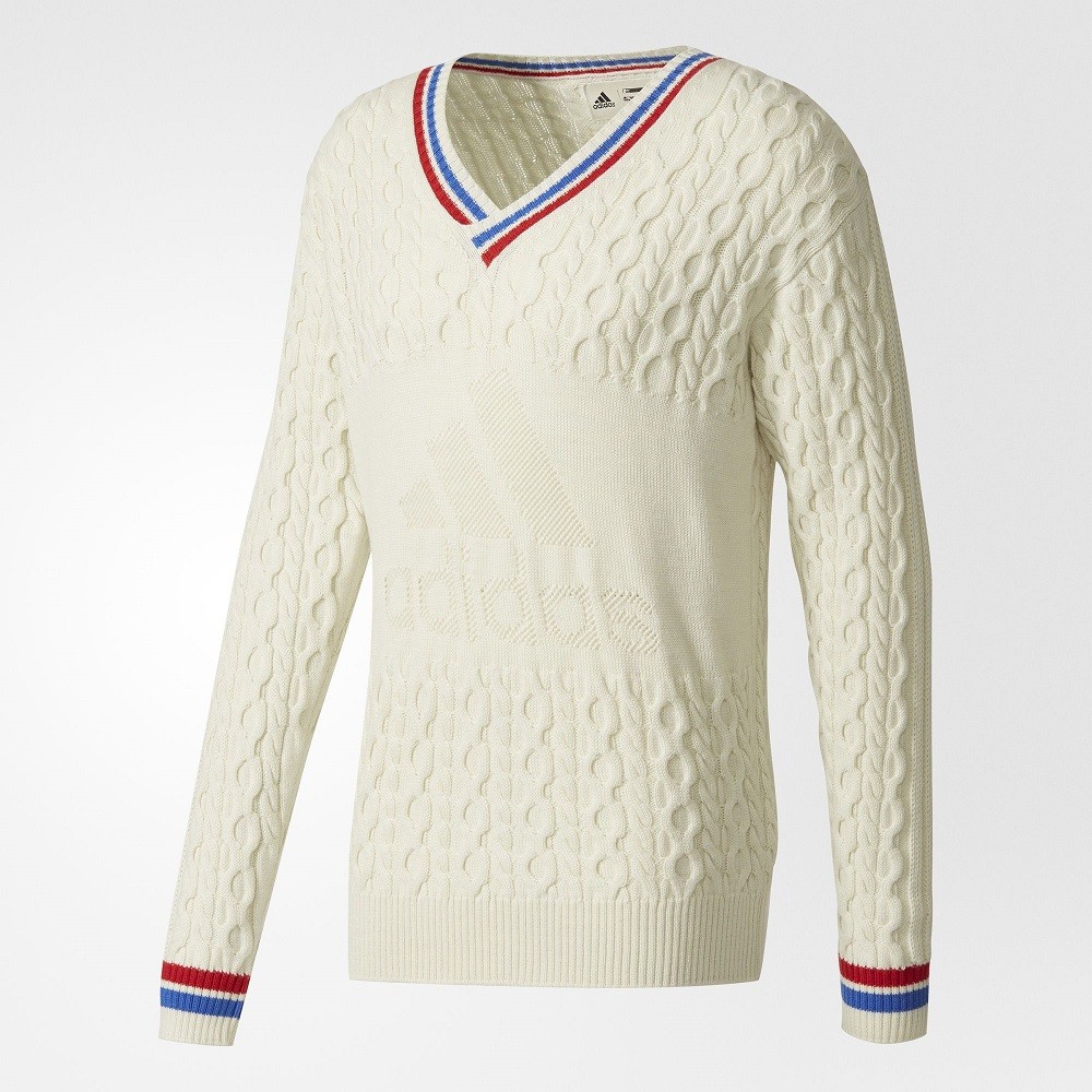 Adidas x Pharrell Williams Men NY Cable V-Neck Sweater (white / chalk white / blue / scarlet)